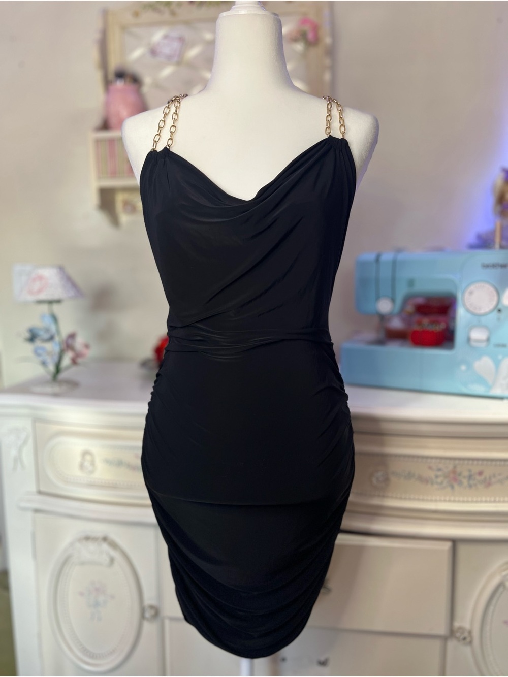 Dots Black Chain-Strap Cowl Mini Dress